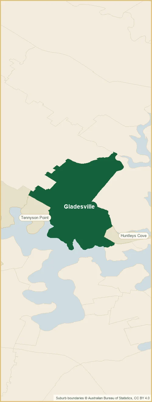Map of the Gladesville plumbing service area, with Gladesville shaded and the surrounding suburbs marked: Tennyson Point, Putney, Meadowbank out to Huntleys Cove, Mortlake, Rhodes and more