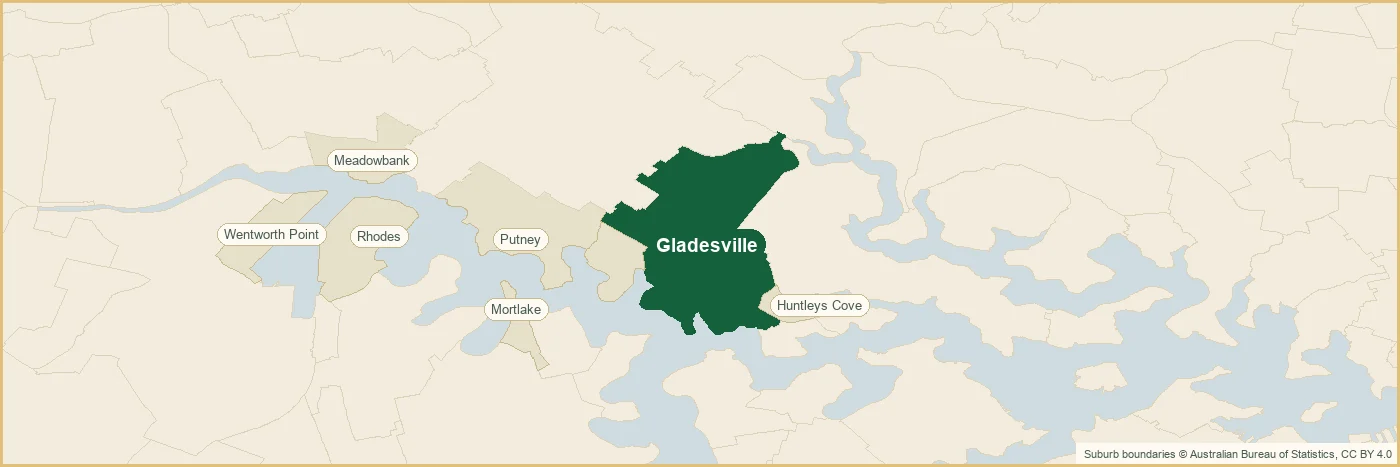 Map of the Gladesville plumbing service area, covering Tennyson Point, Putney, Meadowbank, Huntleys Cove, Mortlake, Rhodes, Wentworth Point, Tennyson Point, Putney, Meadowbank, Huntleys Cove, Mortlake, Rhodes, Wentworth Point, Tennyson Point, Putney, Meadowbank, Huntleys Cove and Mortlake